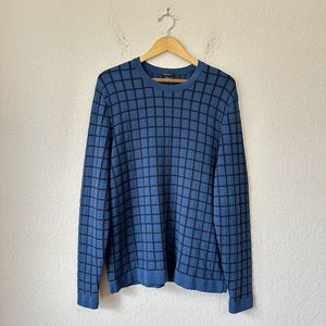 THEORY L/S Cotton Blend Bold Grid Plaid Crew Neck Knit Pullover Sweater